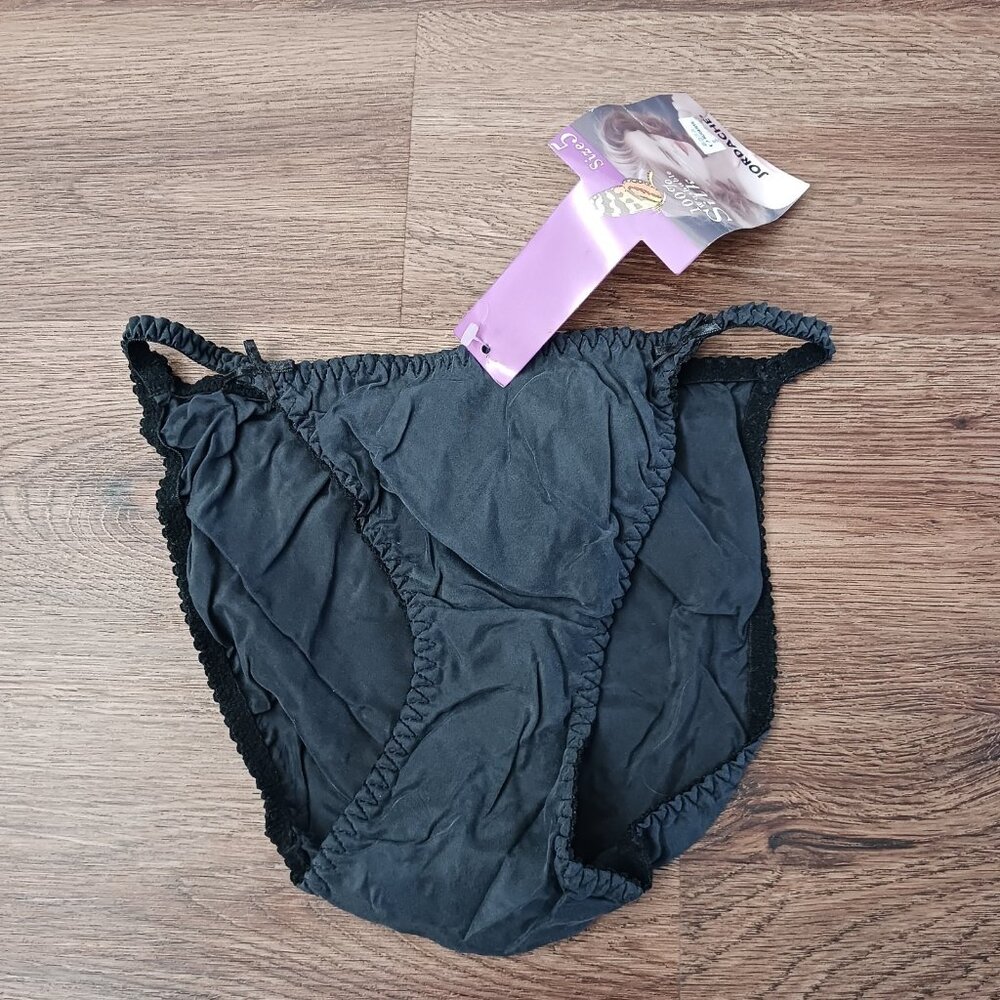 New Vintage Jordache 100% Washable Silk String Black Bikini Panties Size 5